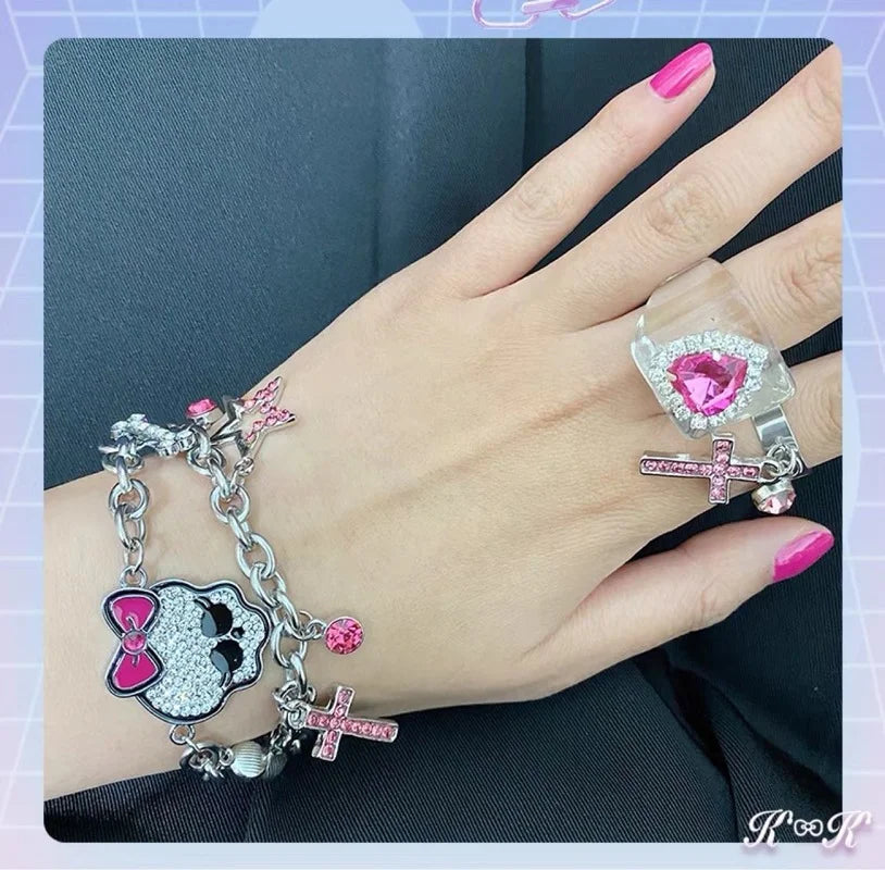 Y2K Pink Bowknot Rhinestone Skull Bracelet - Fashion Gothic Bone Thick Chain Charm for Women, Harajuku Jewelry