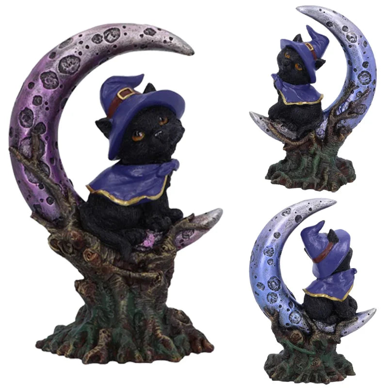 Spooky Black Cat with Witch Hat Statue Crescent Moon Figurines Cute Broom Cat Halloween Ornaments Home Garden Decor Accessories