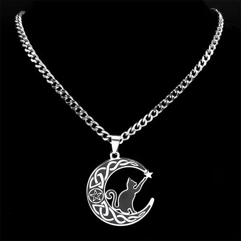 Celtic Knot Crescent Moon Cat Stainless Steel Witch Pendant Necklace