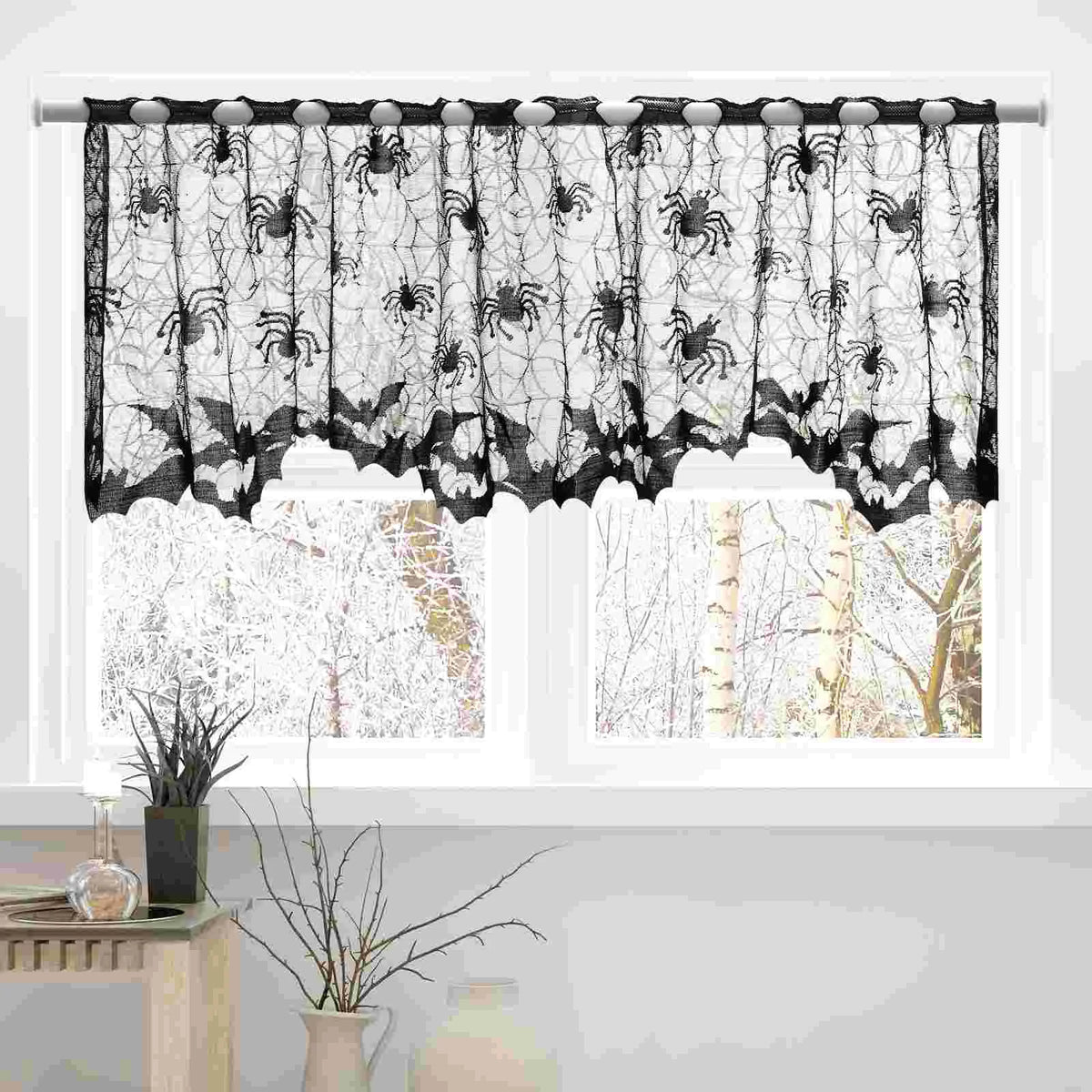 Halloween Lace Spider Curtain Topper | Black Cloth Window Curtains for Fireplace, Door, Kitchen | Bats, Web, Spiderweb Spooky Goth Decor