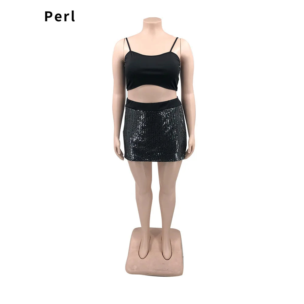 Perl Sequin Three-Piece Set – Sling Crop Top + Culottes + Long Jacket for Women Plus Size Autumn Outfits, OL Office Female Clothing