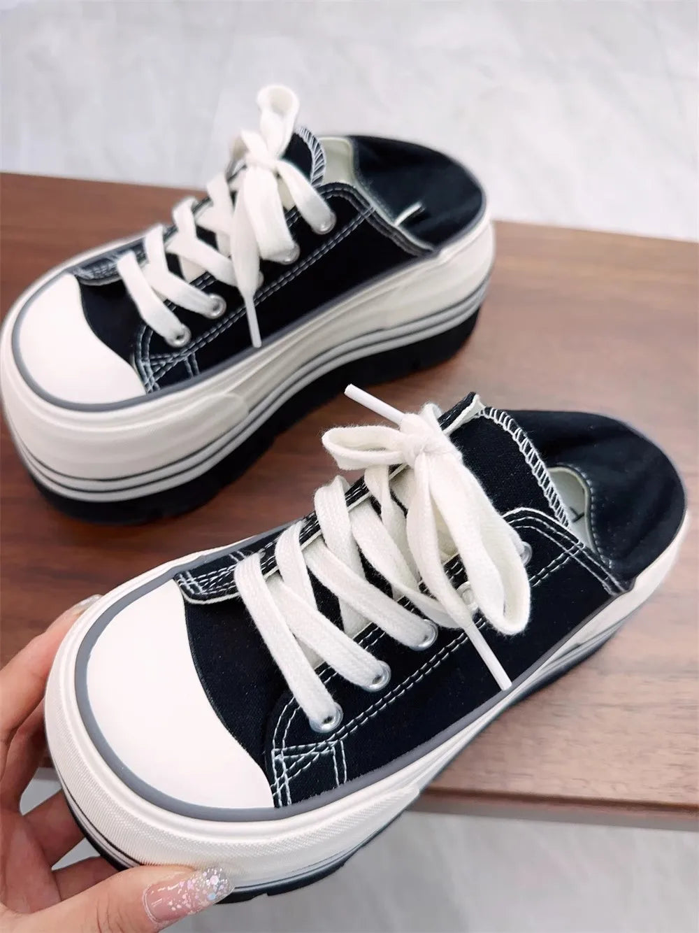 New Women's Casual Black Canvas Shoes - High Platform Lace-Up Slides with 8cm Heel