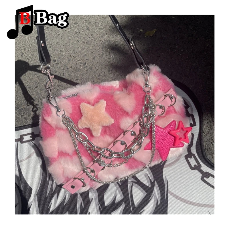 Pink Plush Shoulder Bag Cute Sweet Heart Pattern with Star and Metal Embellishments | Detachable PU Strap