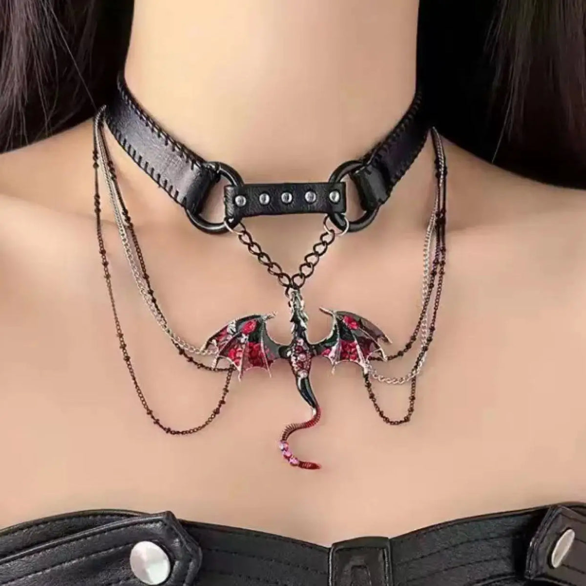 2024 New Gothic Punk Flying Dragon PU Leather Choker Necklace - Female Tassel Collar Choker Necklace for Women, Perfect for Party and Punk Jewelry