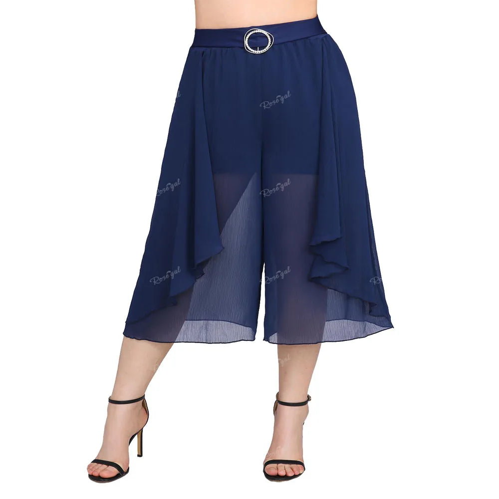 ROSEGAL Plus Size Deep Blue Chiffon Wide Leg Pants | Loose Casual Textured Layered Ruffles with Pockets | Culottes for Women