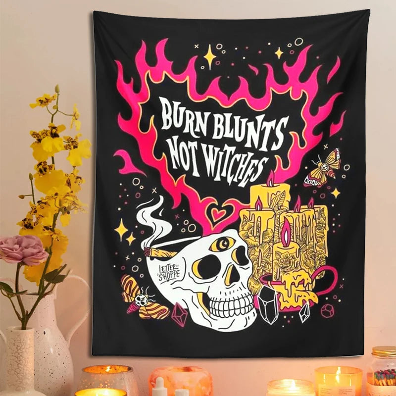 Skull Tapestry Wall Hanging | Psychedelic Burn Blunts Not Witches Moon Moth Divination | Boho Witch Skeleton Decor