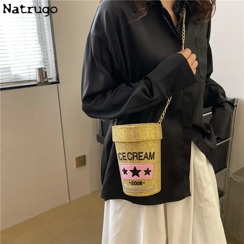 Funny Cute Cup-Shaped Shoulder Bag - Ice Cream Printed Bucket Bag, Ladies' Crossbody Messenger Purse Handbag