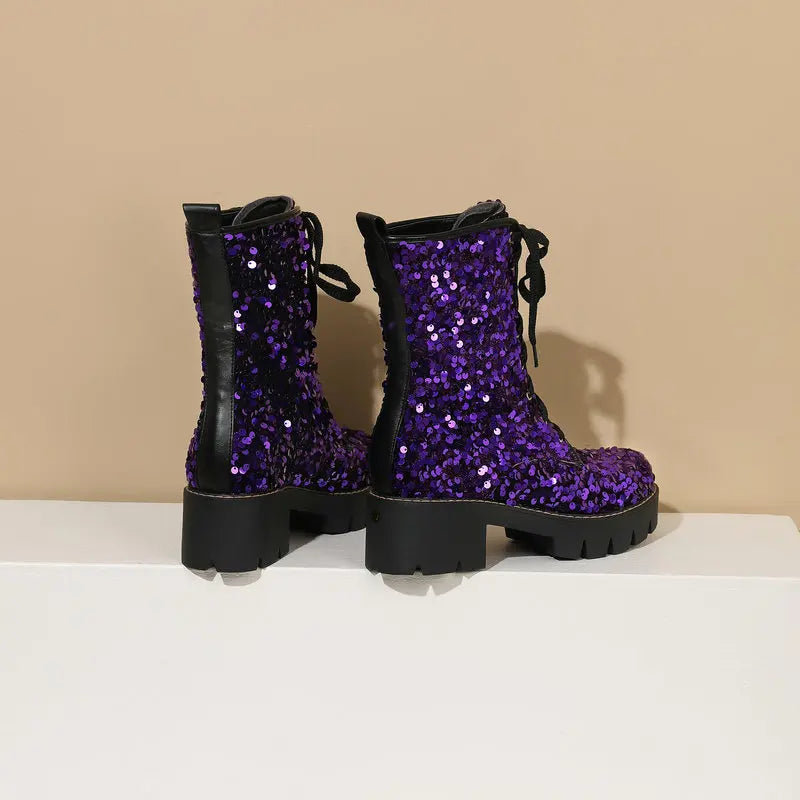 Bling Glitter Party Goth Shoes for Women | Shiny Pink, Blue, Purple Lace-Up Platform Chunky Heel Ankle Motorcycle Boots