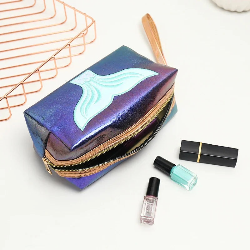 PU Leather Mermaid Tail Women Makeup Bag - Laser Cosmetic Bags for Travel, Waterproof Toiletries Storage for Makeup, Lipstick