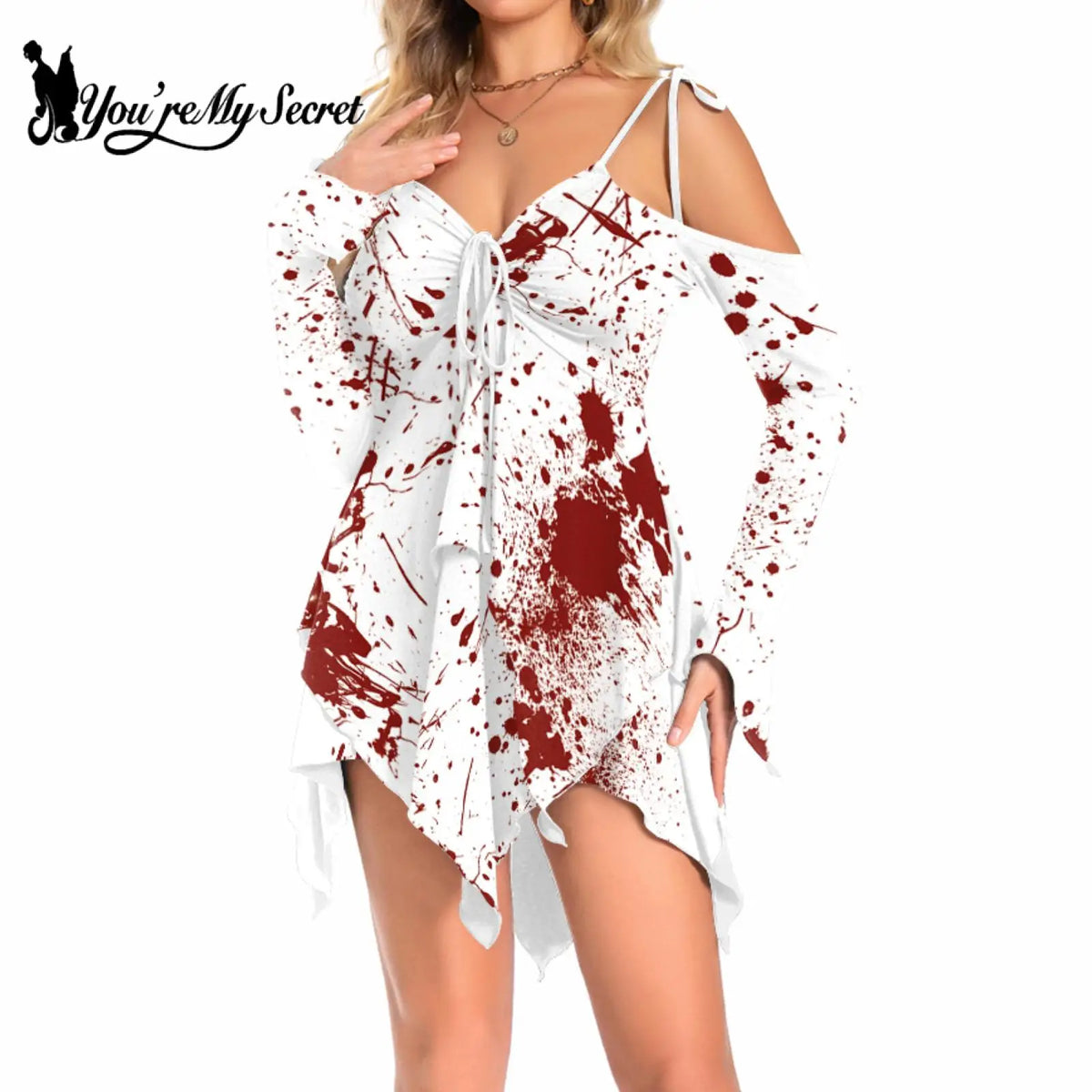 [You're My Secret] Adult Women Cosplay Halloween Harley Clown Bloody Costume Party Long Sleeve Midi Backless Dresses Female