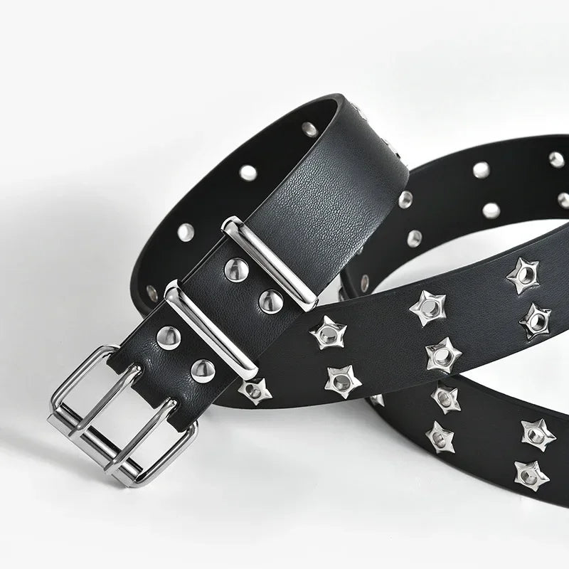 Star Eye Rivet Belt: Gothic Double Pin Buckle, Unisex Fashion Statement in Casual Punk Style PU Leather, Perfect Waistband for Youthful Jeans Wear