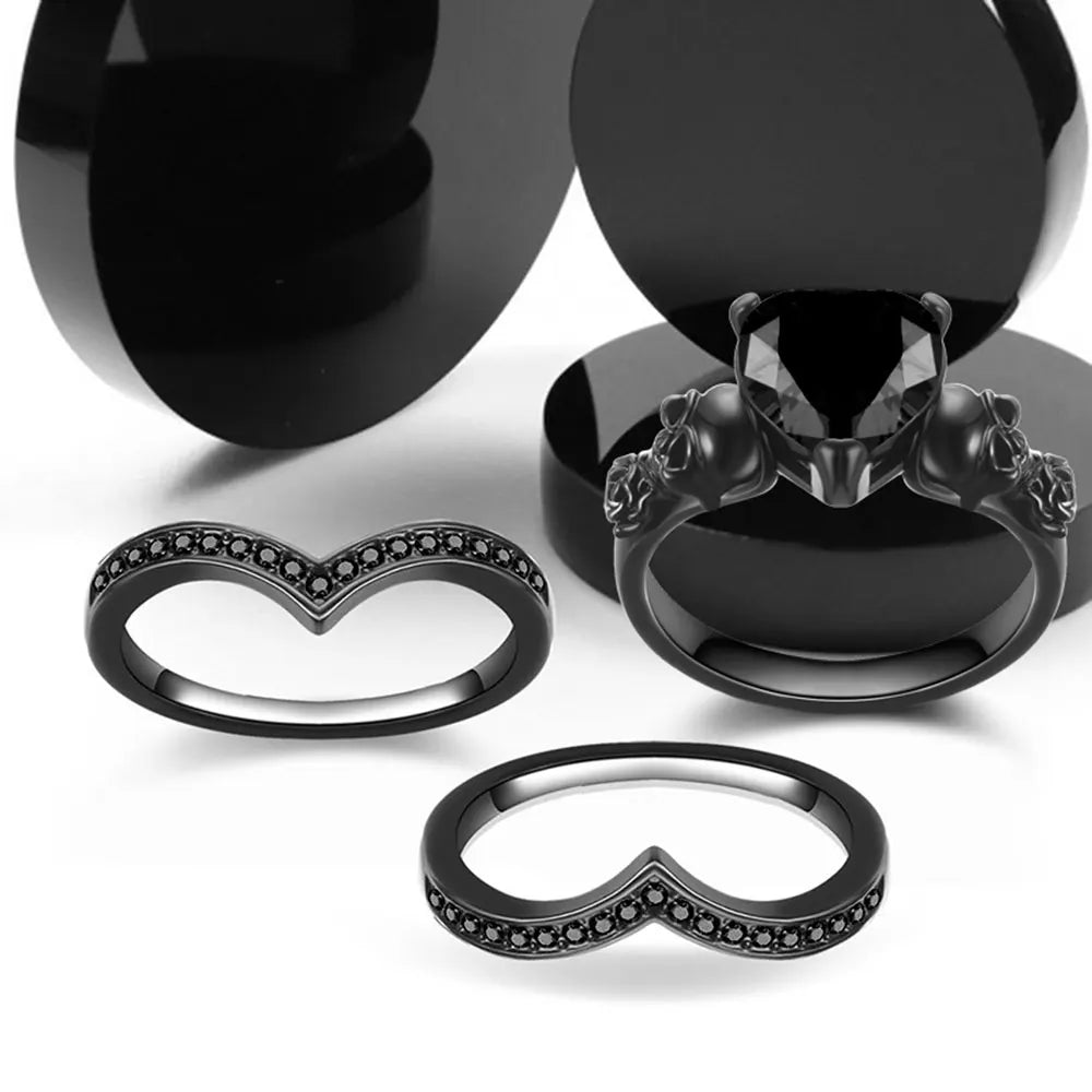 Gothic Black Rose & Skull Engagement Ring Set – Heart-shaped Red & Purple Zircon Crystals