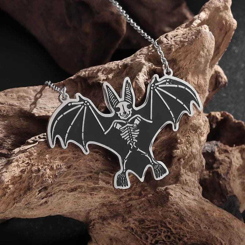 Halloween Dark Gothic Skull & Bat Pendant Necklace - Titanium Steel Jewelry for Men and Women