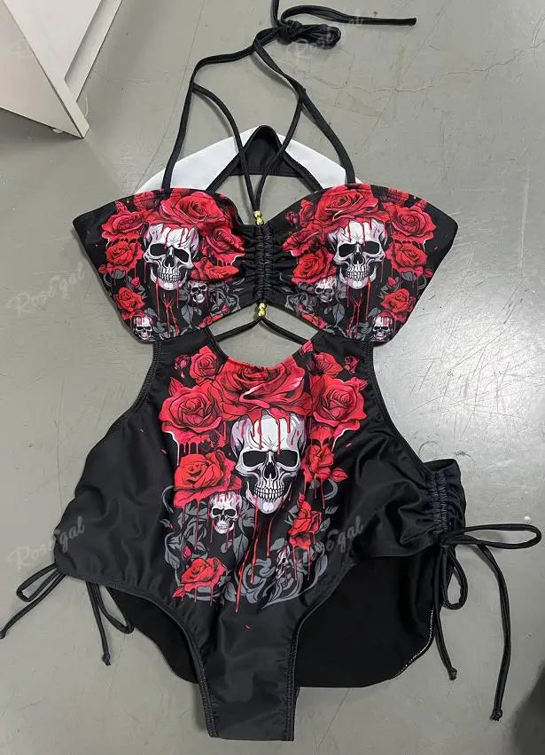 ROSEGAL Gothic Women's One Piece Swimwear Bloody Flower Skulls Print Cinched Ruched Hollow Out Halter Backless Strappy Swimsuit