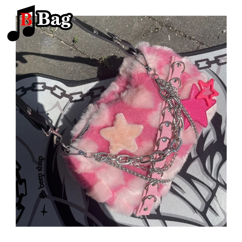 Pink Plush Shoulder Bag Cute Sweet Heart Pattern with Star and Metal Embellishments | Detachable PU Strap