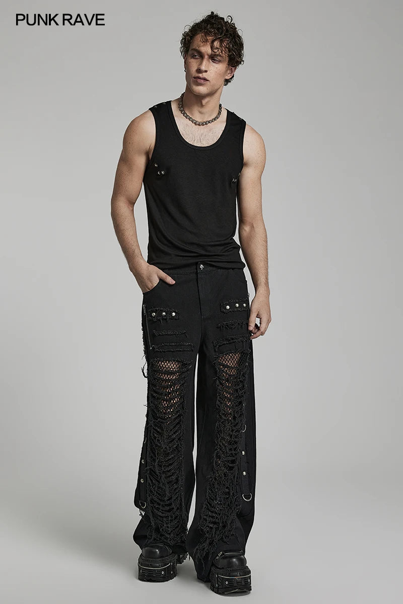 PUNK RAVE Men's Steampunk Doomsday Ripped Twill Denim Pants Personality Punk  Casual Handsome Loose Black Men Trousers