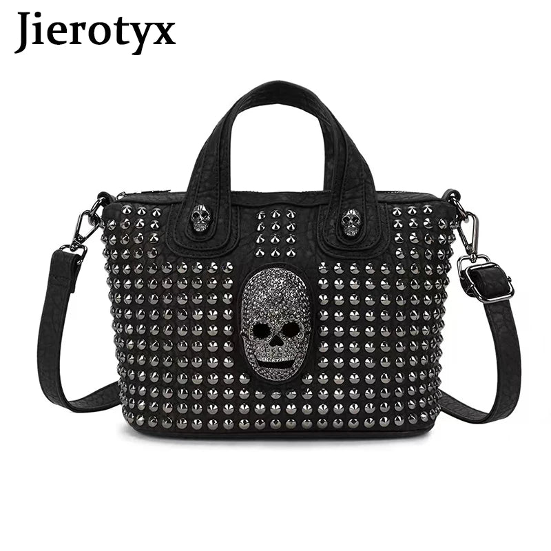 JIEROTYX Women Handbag – Casual Punk Skull Purse, Leather Top Handle with Rivets, Shoulder Crossbody Bag, Studded Gothic Design, Long Strap