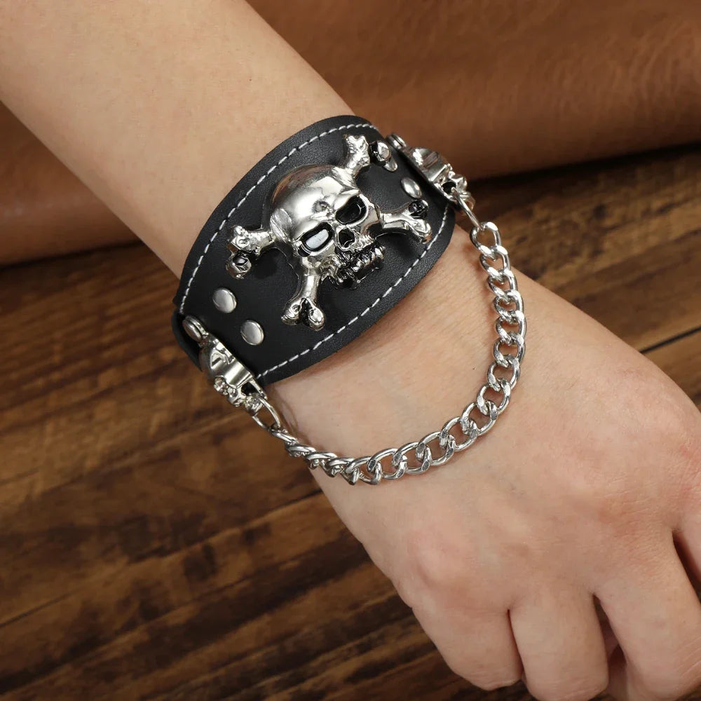 Handcrafted Skull Bracelet in Vintage Style - Wide Leather Cuff with Woven Genuine Leather and Rivets, Charming Men's Jewelry