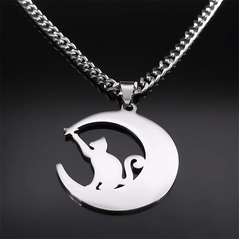 Celtic Knot Crescent Moon Cat Stainless Steel Witch Pendant Necklace