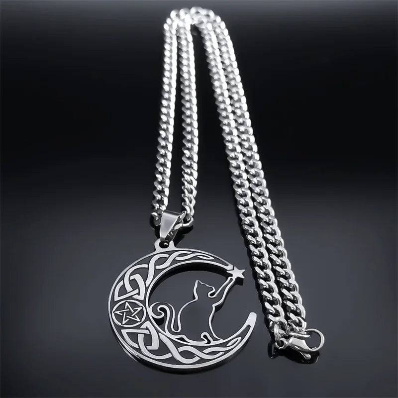 Celtic Knot Crescent Moon Cat Stainless Steel Witch Pendant Necklace