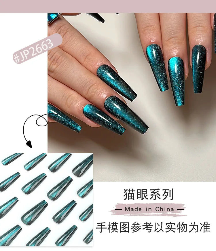 24pcs Long Ballerina Fake Nails Press On Glitter Artificial Nail Tips Wearable Lake Blue Cat's Eye Aurora False Nails Decoration