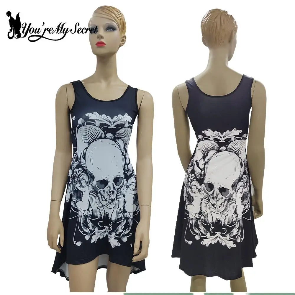 [You're My Secret] Gothic Black Skull Print Hallowmas Party Dress – Sexy Sleeveless Graphic Print Dress for Women