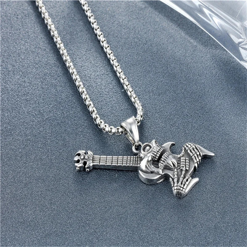 Fashion Skull Rock Guitar Pendant Necklace – Men's Stainless Steel, Unique Personality Gift