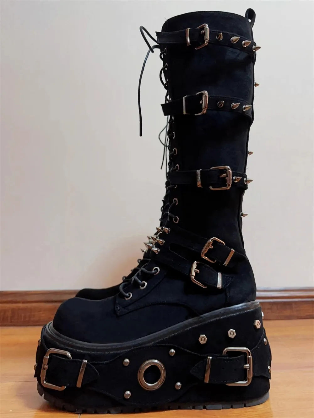 Women Motorcycle Boots woman high Heels pumps Lady knight boots girl punk Gothic long boots customized shoes rock heavy industry