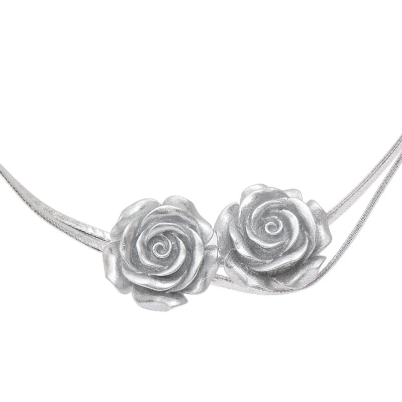 Trendy Silver Rose Flower Pendant: Double Layer Choker Y2K Necklace, Temperament Jewelry for Women