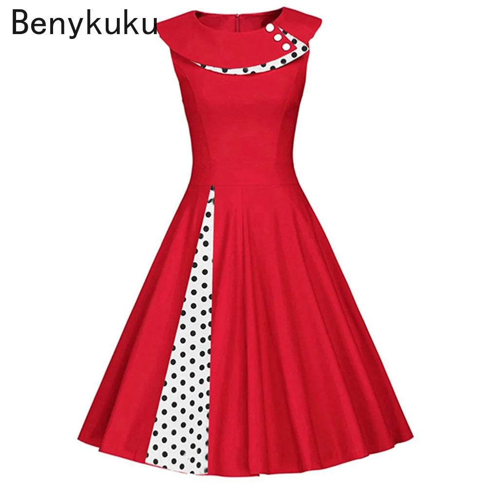 Women's Summer Casual Dresses 2024 - Cotton Slim Tunic, Elegant Vintage Retro Pin Up Swing Polka Dot Rockabilly Dress, Inspired by 50s and 60s Robes