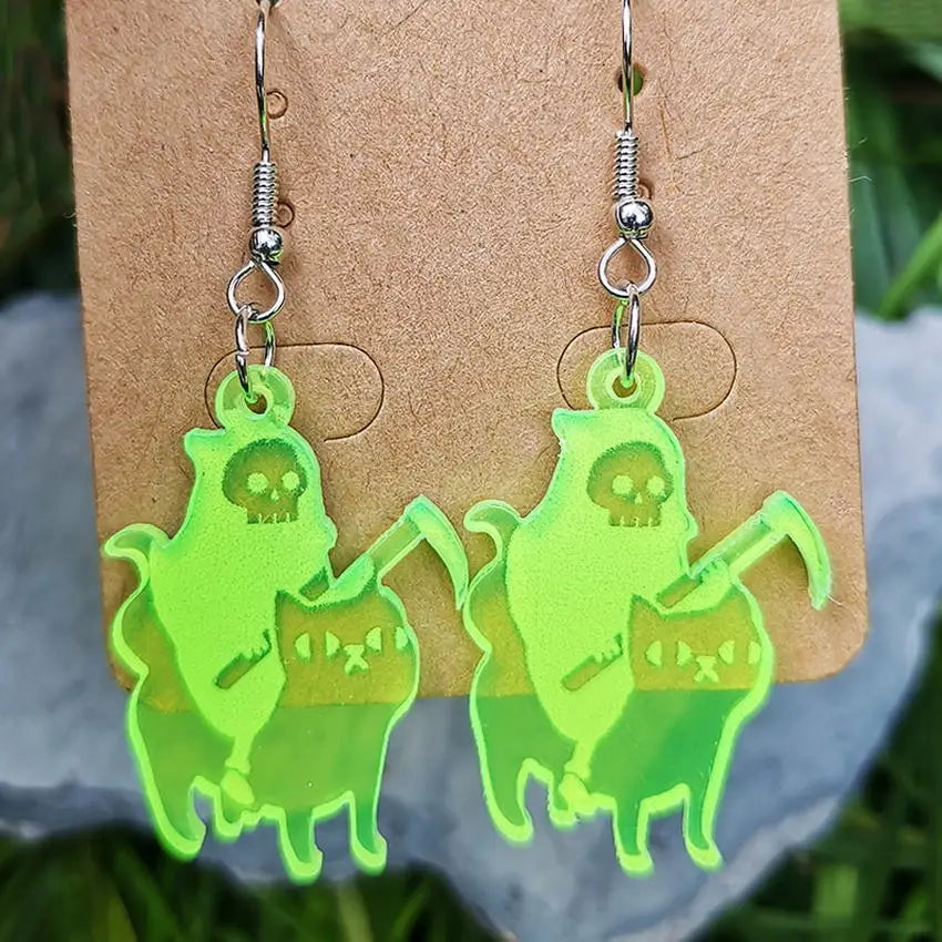 Neon Green Acrylic Halloween Horror Ghost Skull Earrings - New Jewelry for Women