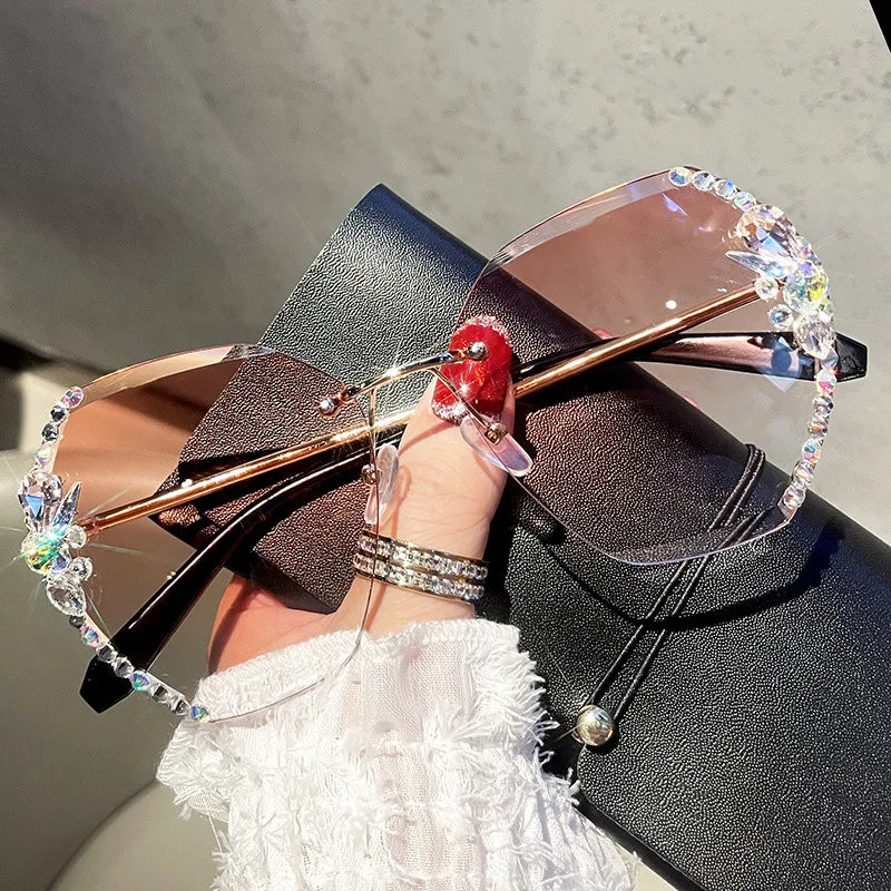 Vintage Rimless Rhinestone Sunglasses Women Luxury Brand Design Fashion Gradient Lens