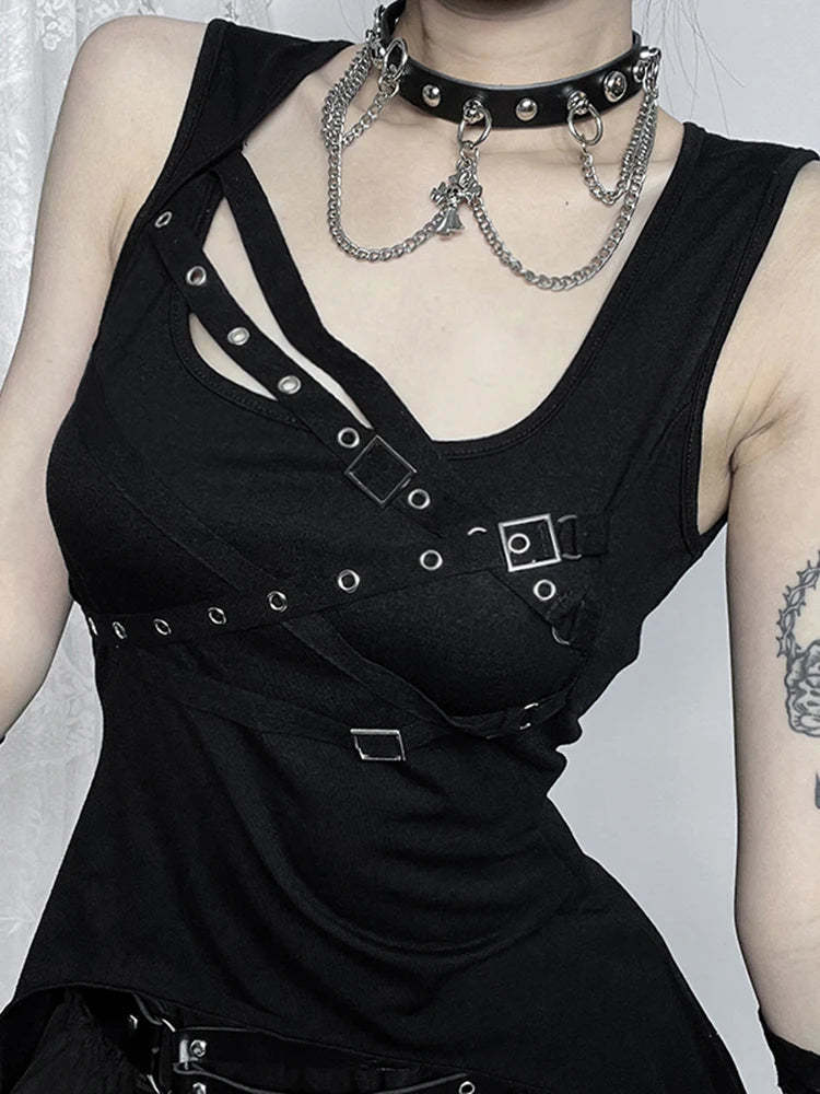 AltGoth Harajuku Cyber Y2k Gothic Vest Women Streetwear Hipster Eyelet Bandage Irregular Hem Crop Tank Tops Punk Rave Outfits