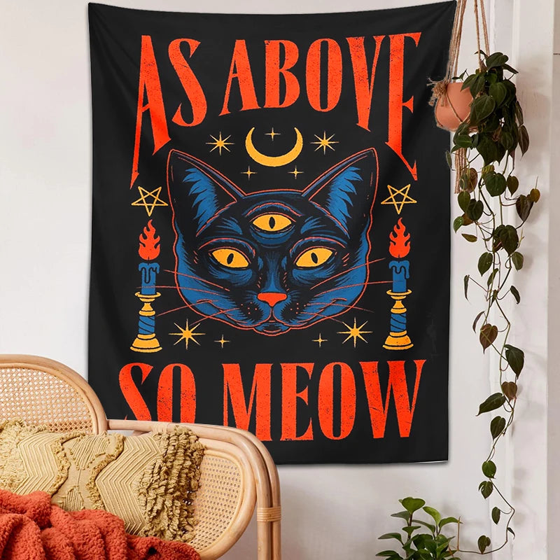 Cat Tarot Tapestry | Witchcraft Cat Wall Hanging | Psychedelic Boho Room Decoration