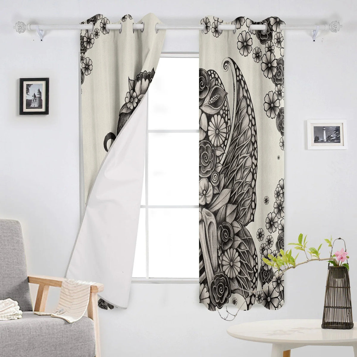 Skull Sketch and Flowers Modern Curtains - Interior Home Decor for Living Room, Bedroom, and Kitchen