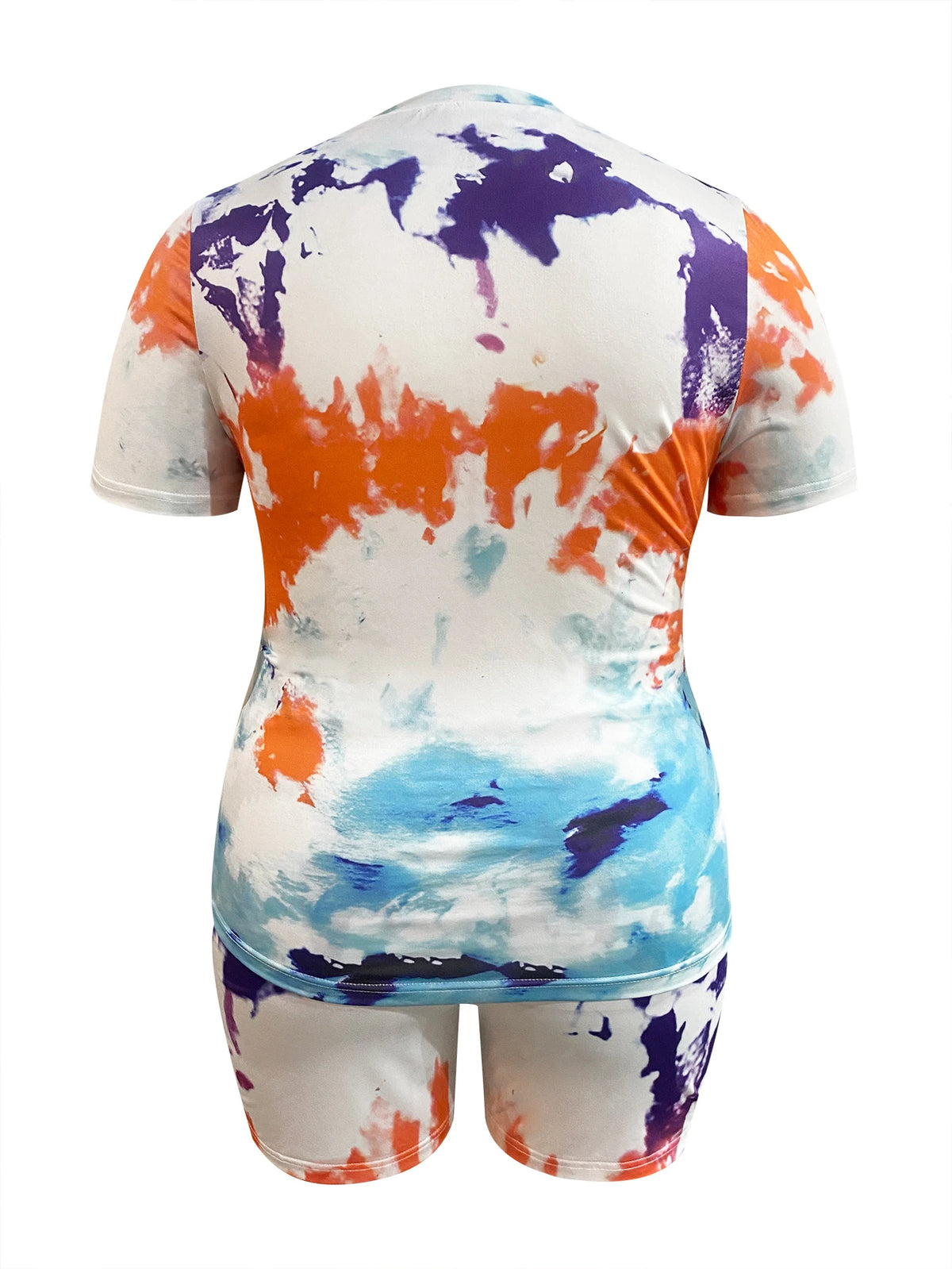 LW BASICS Plus Size Tie-Dye Shorts Set – Short Sleeve Round Neck Slim T-Shirt + Matching Shorts Suit for Women