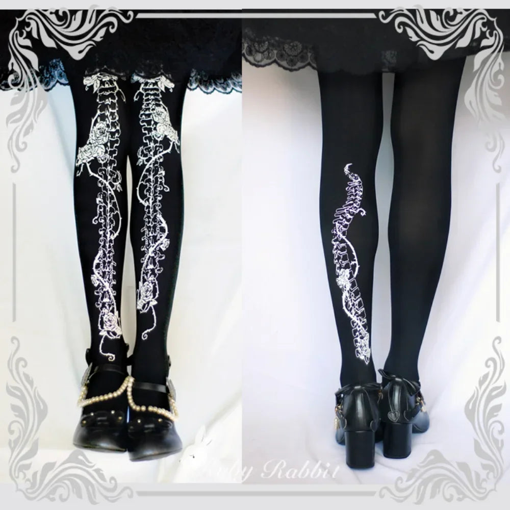 Lolita Printed Pantyhose Stockings Female White Halloween Cosplay Tights Pantyhose Spring Women's Gothic Bottoms Sexy Long Socks