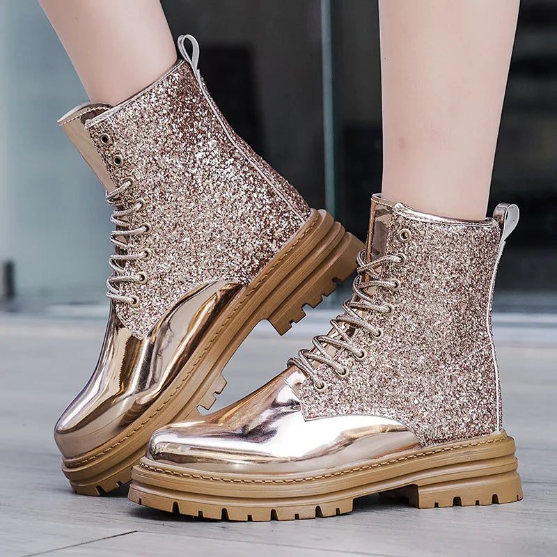 Luxury Pink Winter Boots for Women | Designer Ankle Boots with Trendy Platform | Glitter Patent Leather Shoes