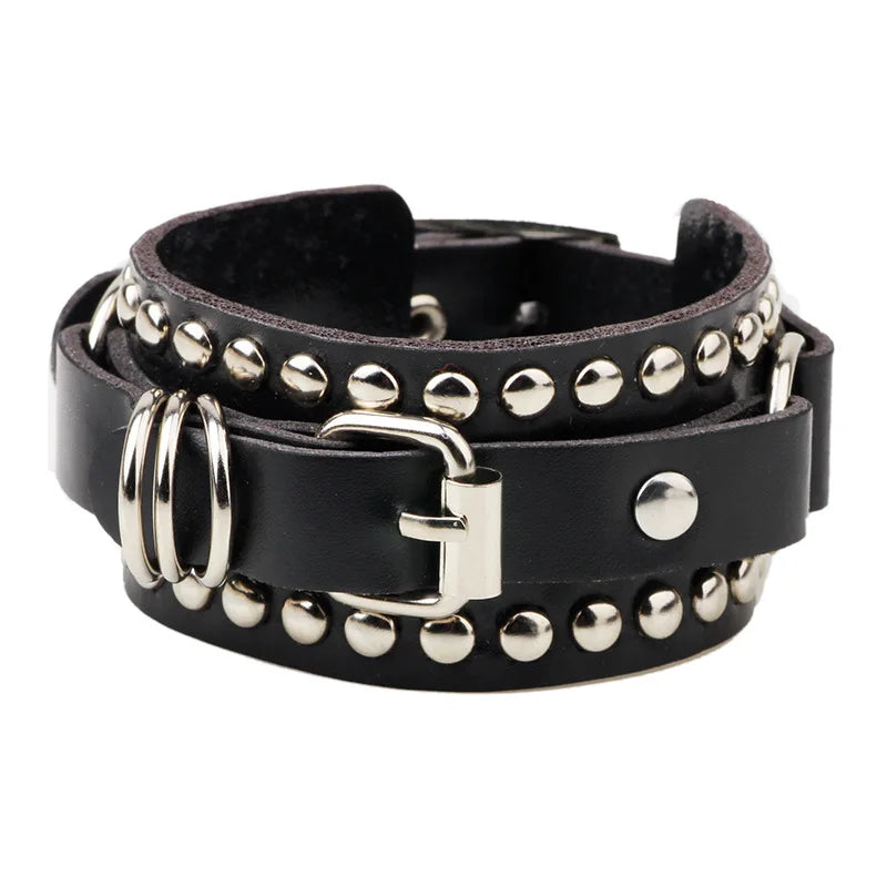 Black Leather Wristband Bracelet Cuff Goth Gothic Punk Bracelets Women Men Spikes Rivet Stud Bangle Cosplay Rock Unisex Jewelry