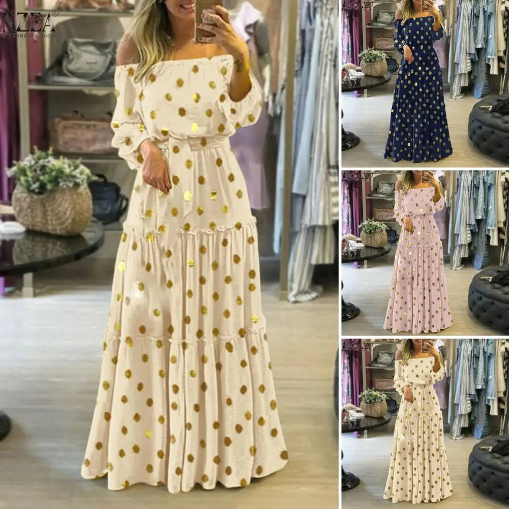 Boho Long Dress Women Puff Sleeve Off-Shoulder Waist Tight Stitching Large Hem Dress with Dot Stamping