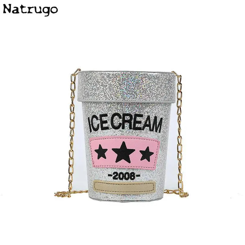 Funny Cute Cup-Shaped Shoulder Bag - Ice Cream Printed Bucket Bag, Ladies' Crossbody Messenger Purse Handbag