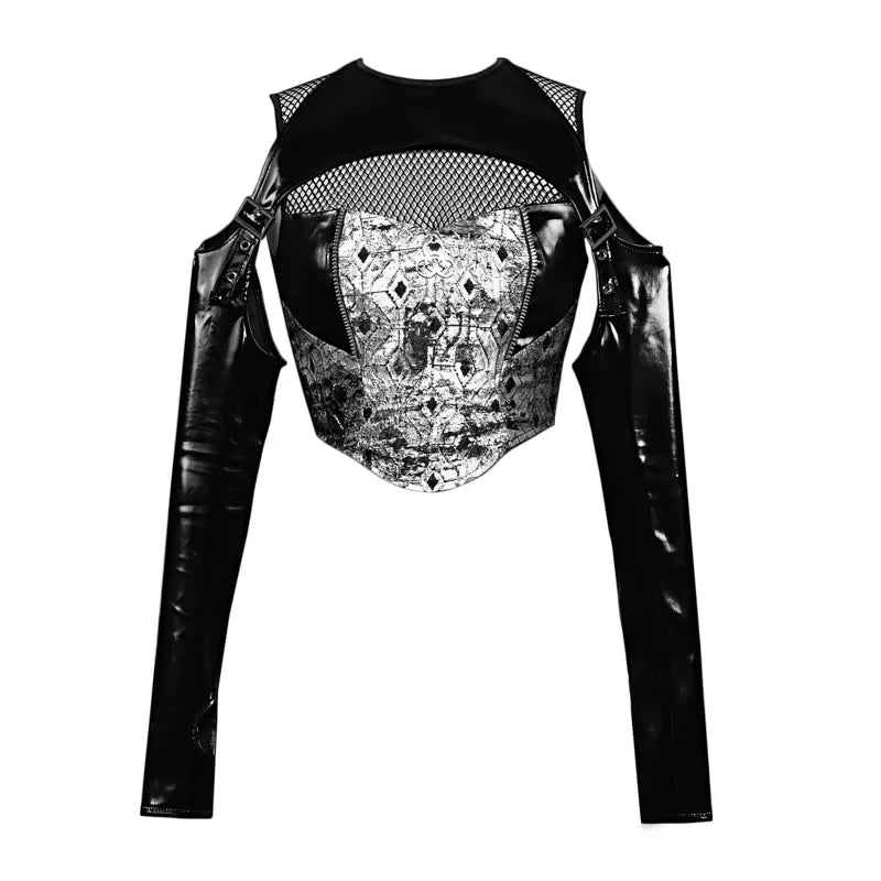 Blood Supply Punk PU Patchwork Fishnet Black Tshirt Chic Goth Y2k Crop Top New Long Sleeve Hollow Out Shirt Two-piece Top