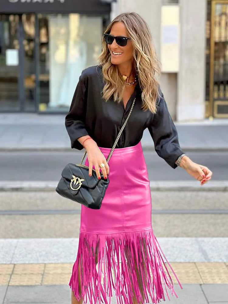 Hot Trend Sexy PU Leather Fringe High Waist Black Bodycon Party Streetwear Skirt