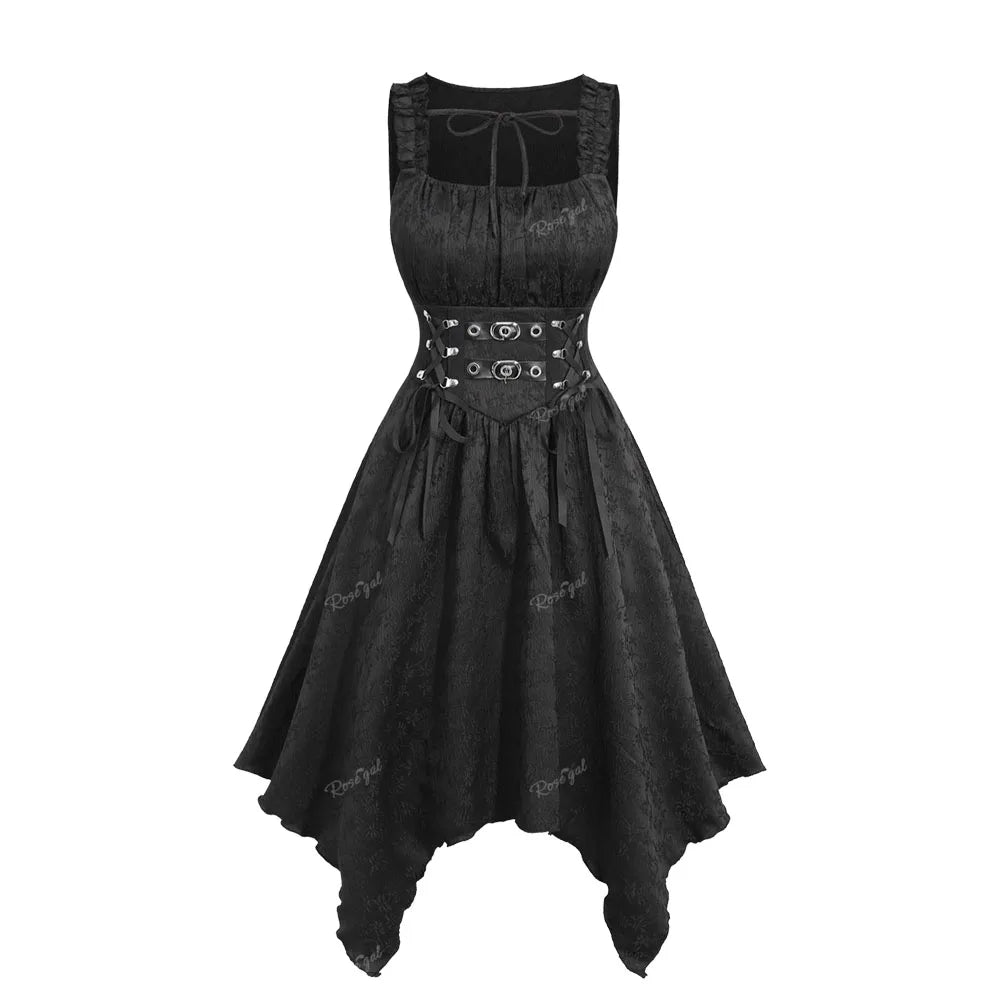 ROSEGAL Plus Size Gothic Handkerchief Dress - Black Floral Jacquard Embroidered PU Straps Grommet Buckle Lace-Up