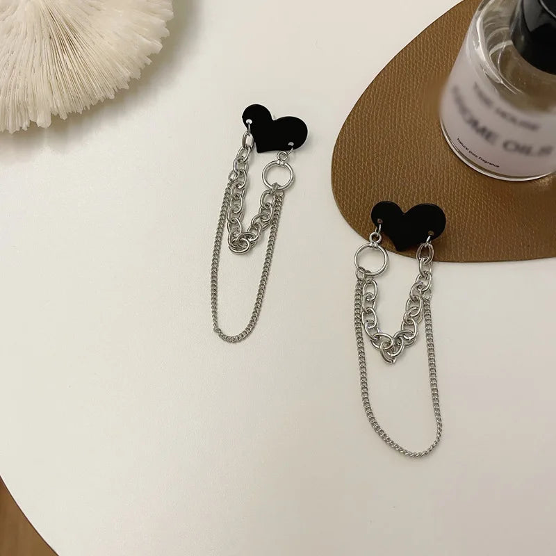 Black Heart Tassel Chain Earrings for Women | Korean Brincos 2024 | Femme Jewelry Streetwear Fashion Wholesale