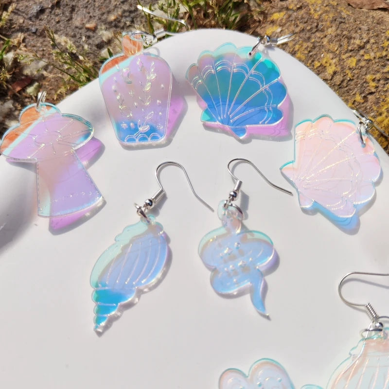 Iridescent Cute Women's Dangle Earrings - Holographic Conch, Vase, Snake, UFO Acrylic Jewelry Accessories by KUGUYS