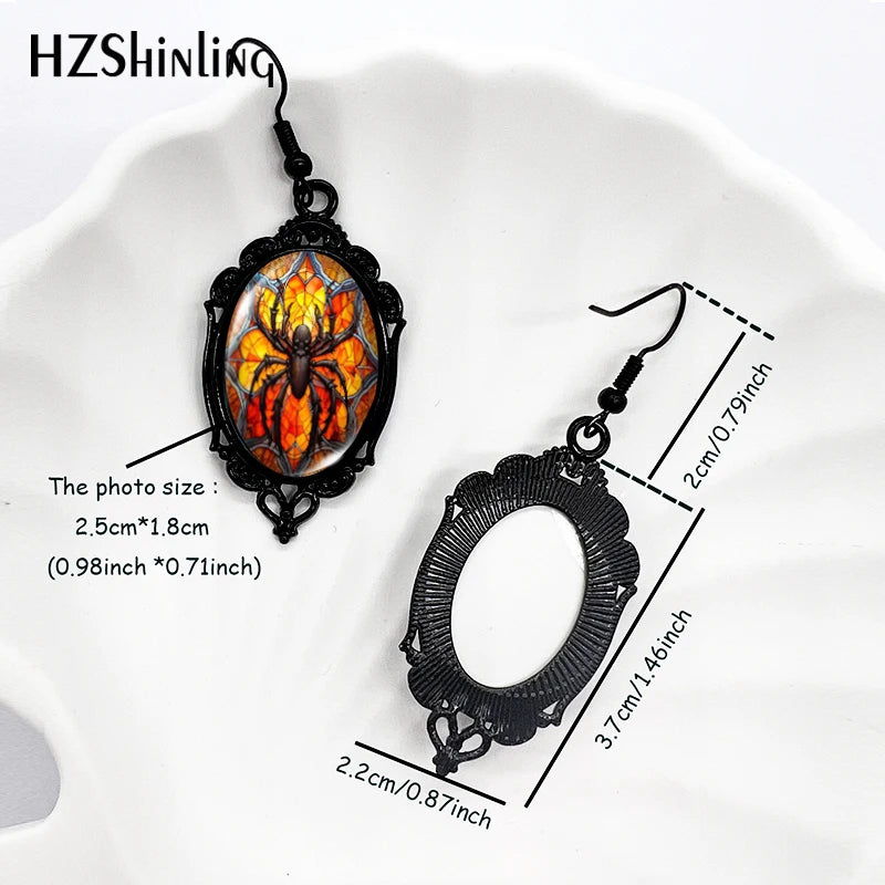 2024 New Halloween Spider Dangle Earrings – Black Oval Glass Photo Jewelry, Ideal for Gifts and Parties