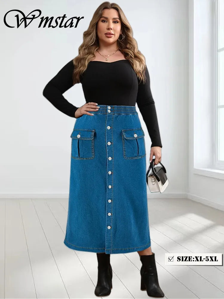 Wmstar Plus Size Only Skirts Women's Clothing Denim Maxi Patchwork Pockets Sexy Button Medium Stretch Wholesale Dropshipping