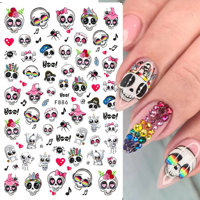 Halloween Kawaii Cartoon Cat Nail Stickers – Y2K Skull Bat Pumpkin Decal Kit for Nail Decoration Supplies