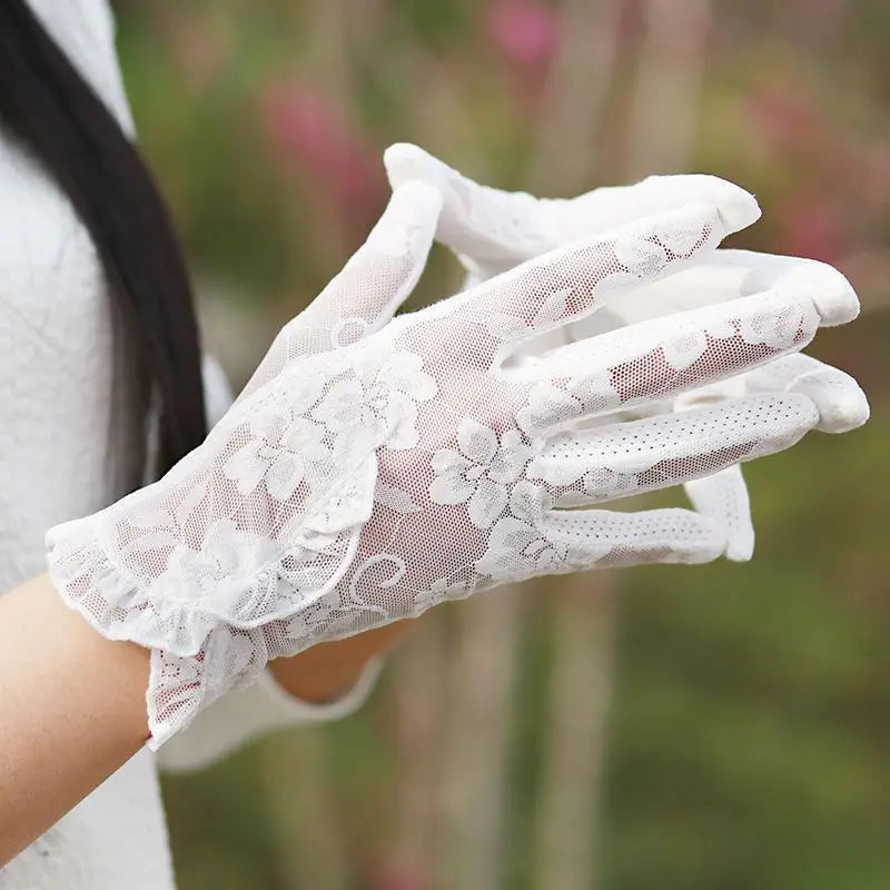 Summer Women Sexy Lace Flower Ruffle Touch Screen Sunscreen Mesh Breathable Transparent Gloves Driving Cycling Anti-Slip